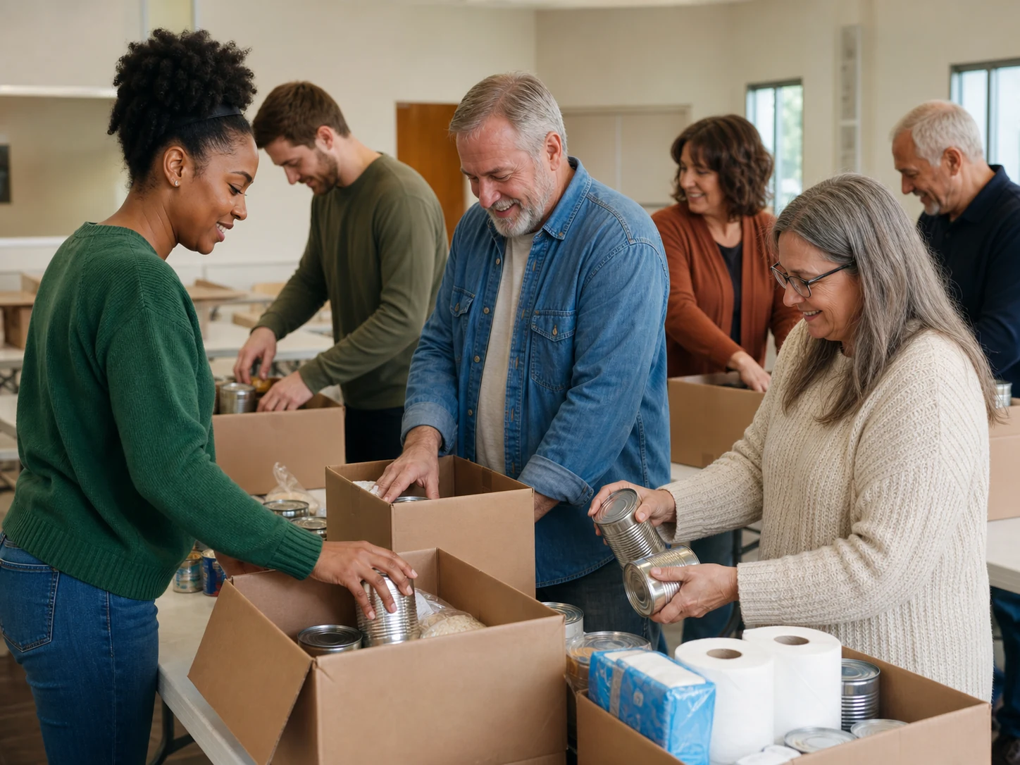 Adults packing food boxes together for a community outreach
