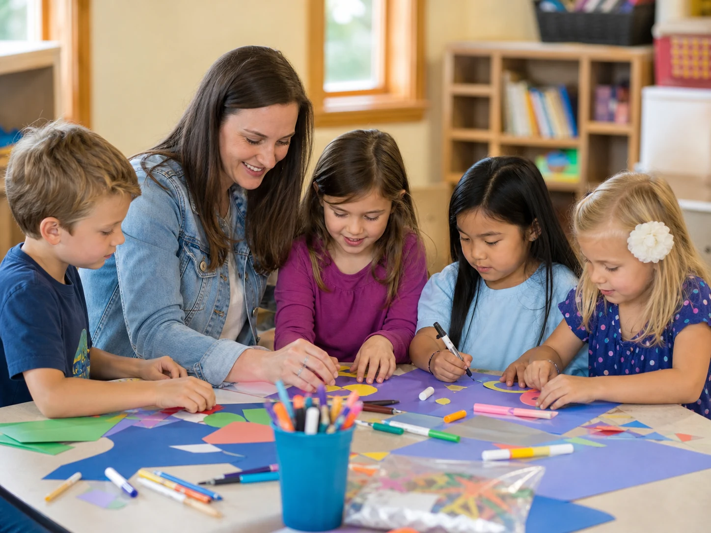 Children working on a craft project with a teacher in a bright classroom
