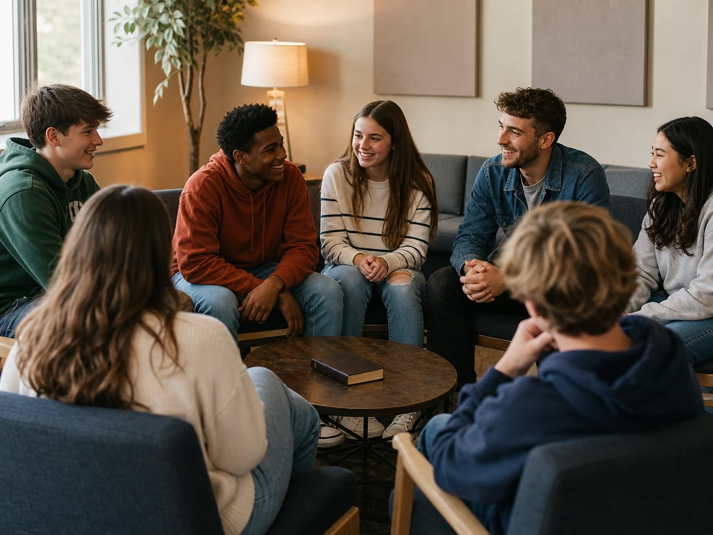 Students talking together in a living room small group