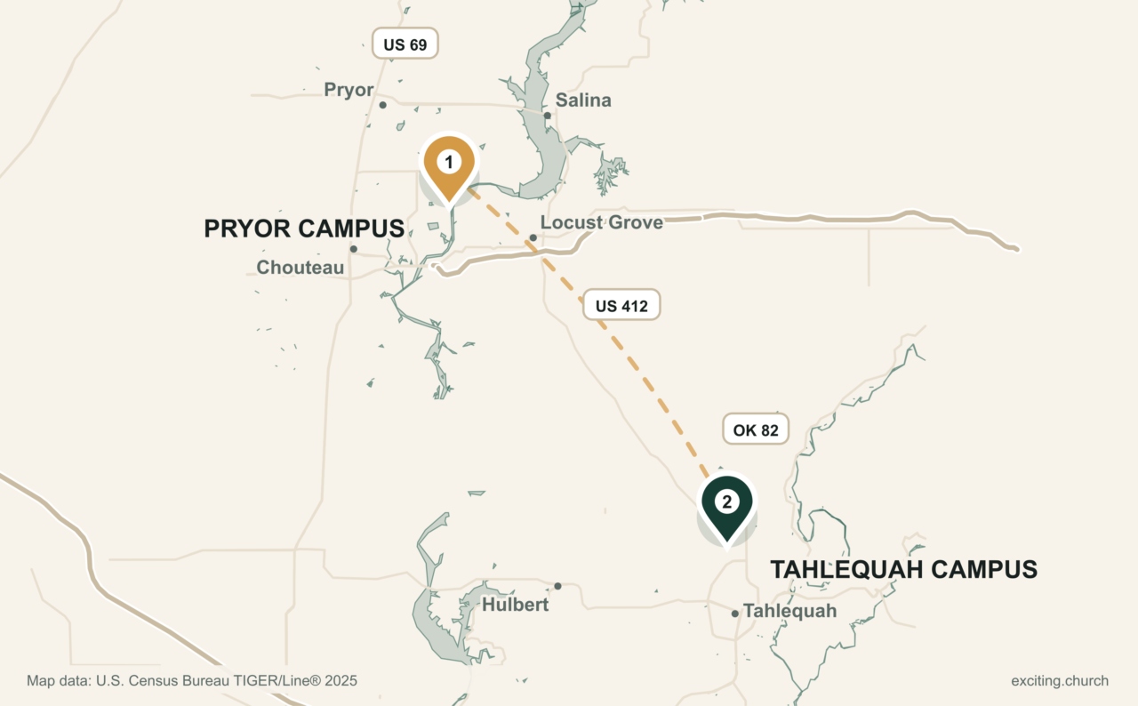 Map of northeastern Oklahoma showing the Pryor campus northwest of the Tahlequah campus